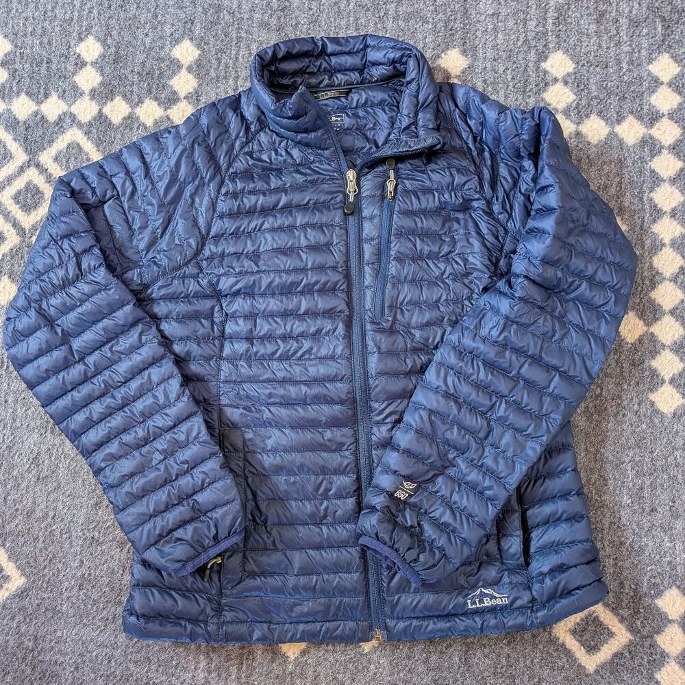 LL Bean ultralight 850 down jacket, dark metallic blue, women's medium, and exce